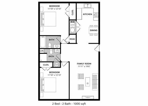 Floor plan for 2 beds, 2 baths, 1000 sqft